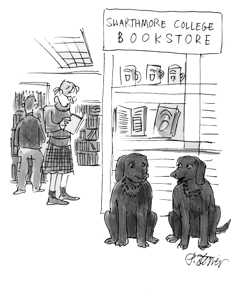 a cartoon of two black labradors in the Swarthmore bookstore talking to one another